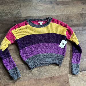 Women's Luv Lane Striped Crew Neck Sweater S Purple Yellow